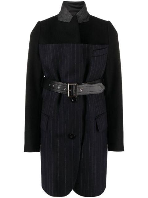 belted pinstriped wool blazer by SACAI