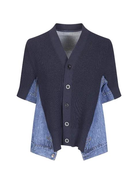 panelled denim-knit cardigan by SACAI