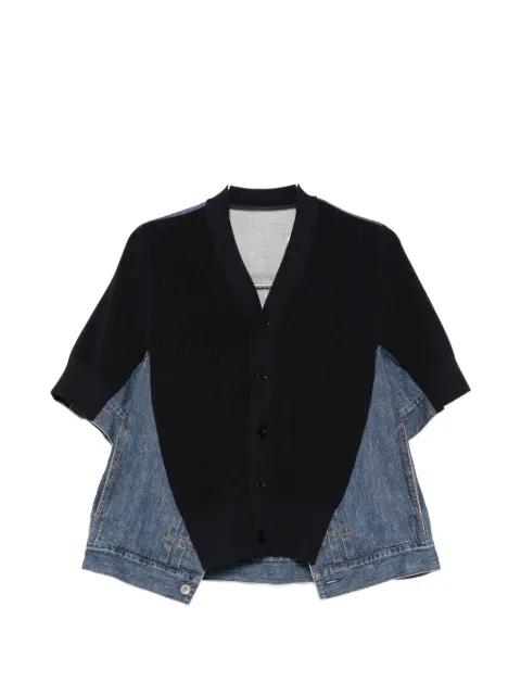 panelled denim-knit cardigan by SACAI