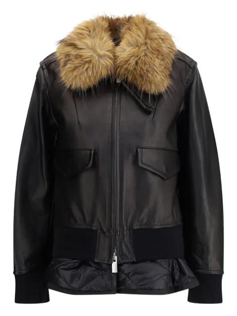 plush-collar leather jacket by SACAI