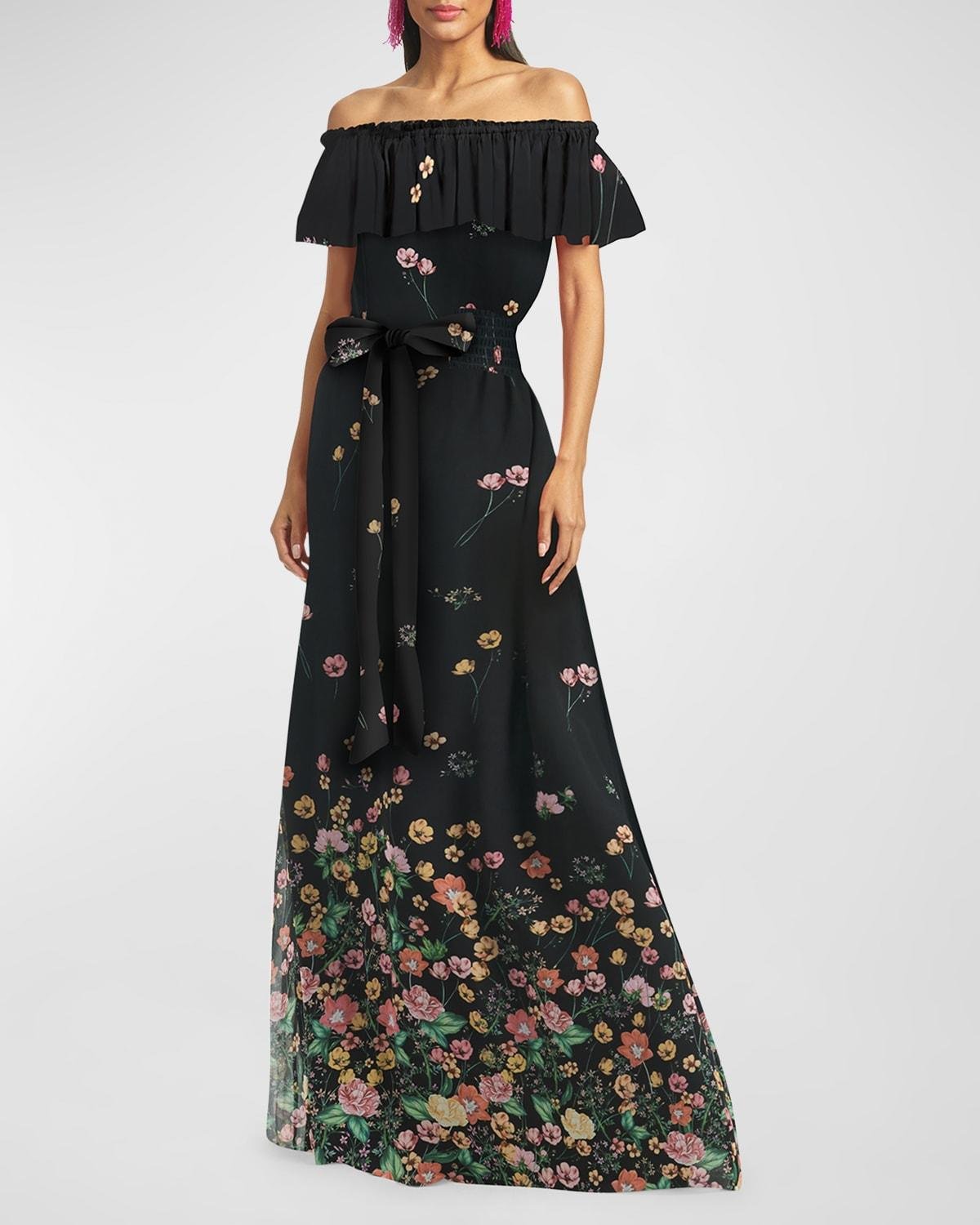 Nikki Floral-Print Off-Shoulder Chiffon Gown by SACHIN&BABI