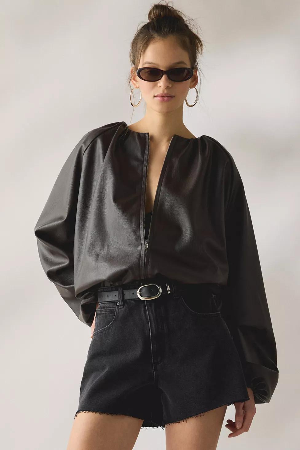 SAEMDI Edda Gathered Faux Leather Bomber Jacket by SAEMDI