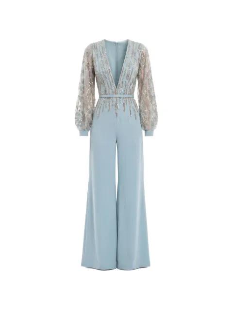 beaded V-neck belted jumpsuit by SAIID KOBEISY