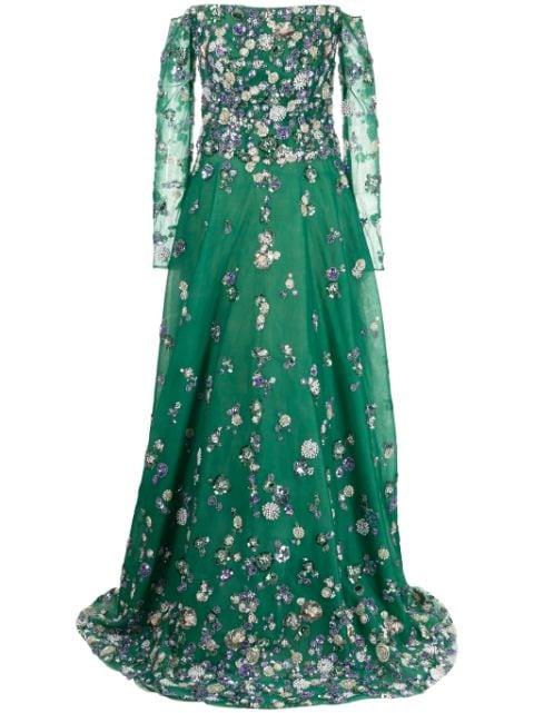 beaded off-shoulder tulle dress by SAIID KOBEISY