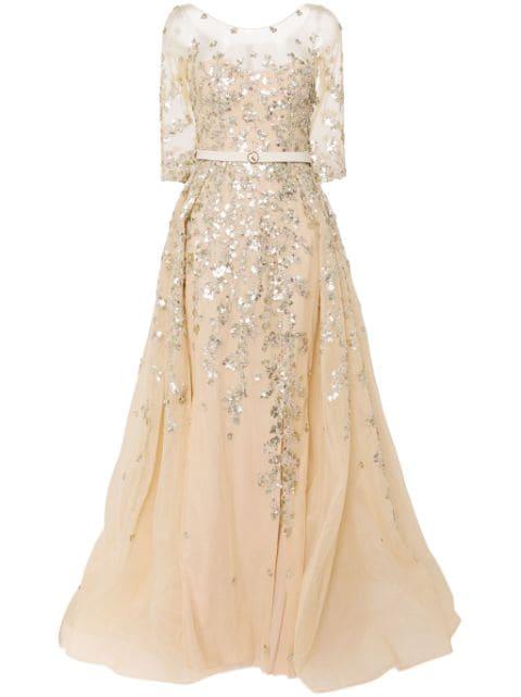 beaded tulle belted gown by SAIID KOBEISY