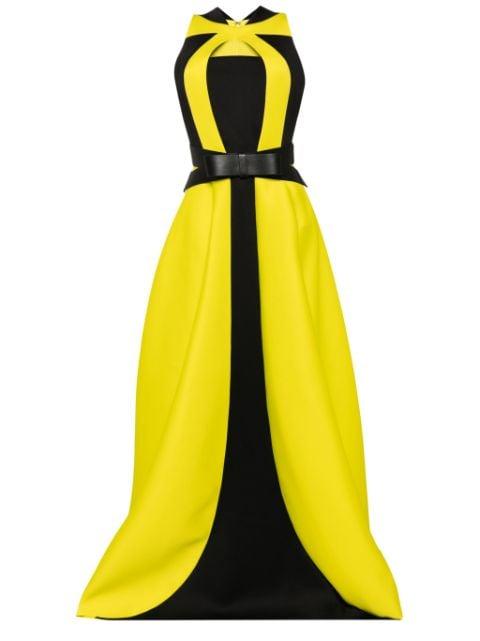 belted panelled neoprene gown by SAIID KOBEISY