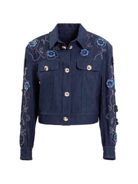 floral-embellished denim jacket and ruffled midi dress by SAIID KOBEISY