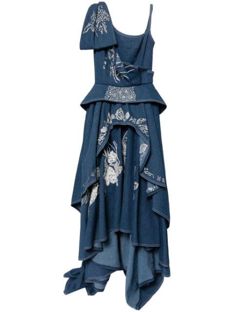 floral-embroidered denim maxi dress by SAIID KOBEISY