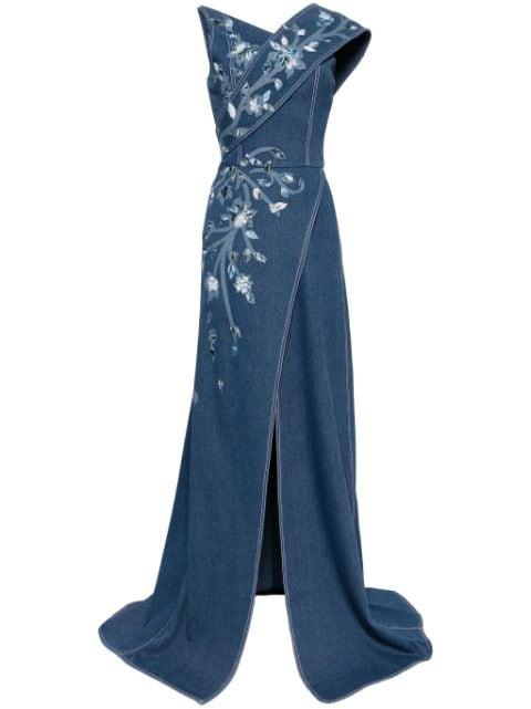 floral-print denim maxi dress by SAIID KOBEISY