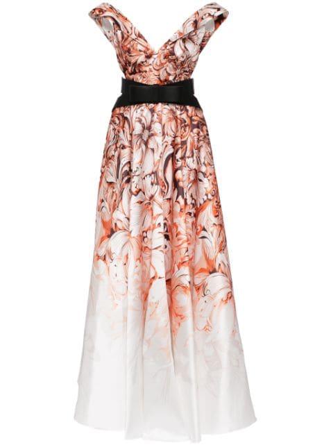 floral-print off-shoulder belted gown by SAIID KOBEISY