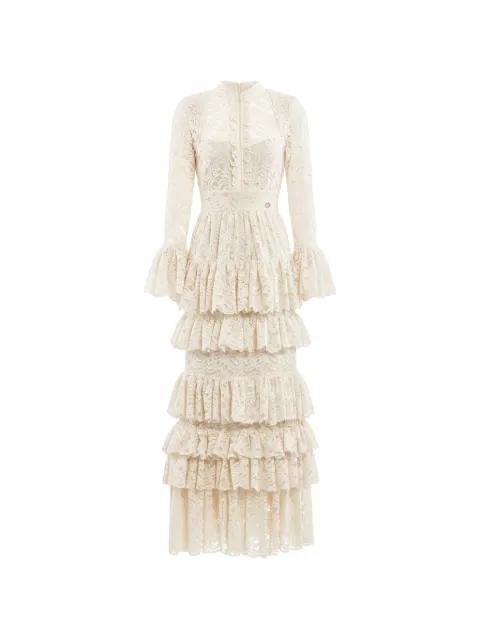 ruffled lace maxi dress by SAIID KOBEISY