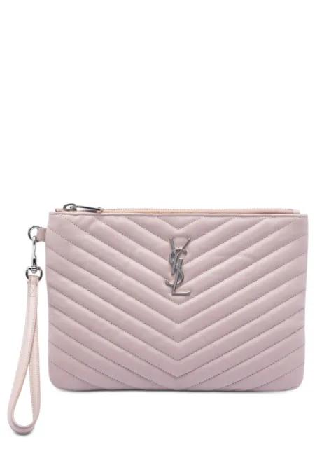 2017 Chevron Leather Monogram Zip A5 Wristlet Pouch clutch bag by SAINT LAURENT 