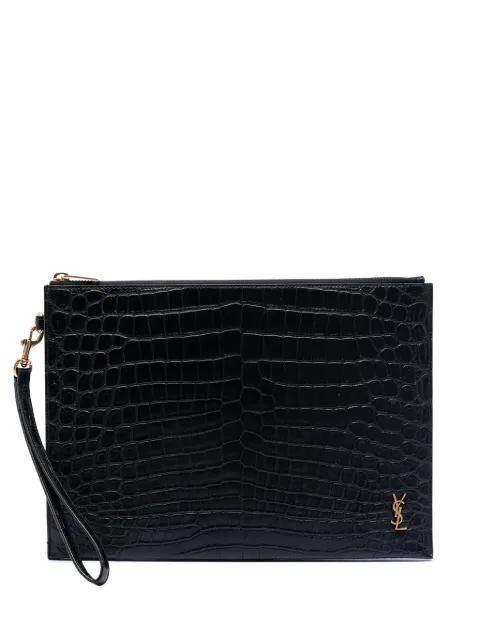 2021 Croc Embossed Leather Tiny Monogram Zipped Tablet Holder clutch bag by SAINT LAURENT 