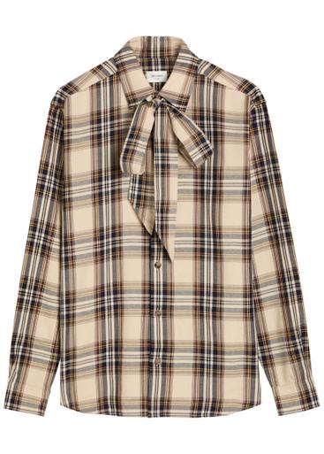 Checked tie-neck cotton-blend shirt by SAINT LAURENT