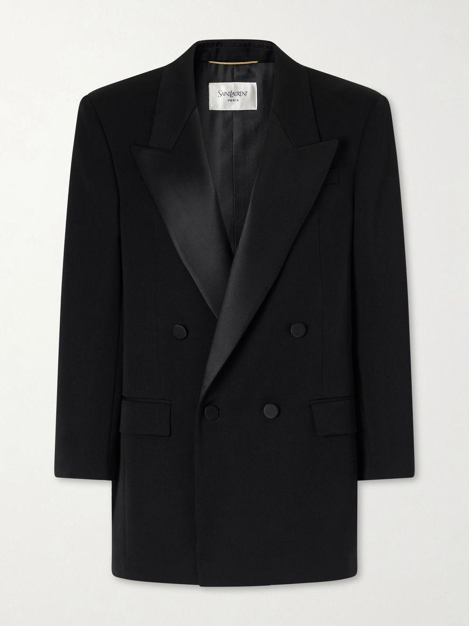 Double-breasted satin-trimmed grain de poudre wool blazer by SAINT LAURENT