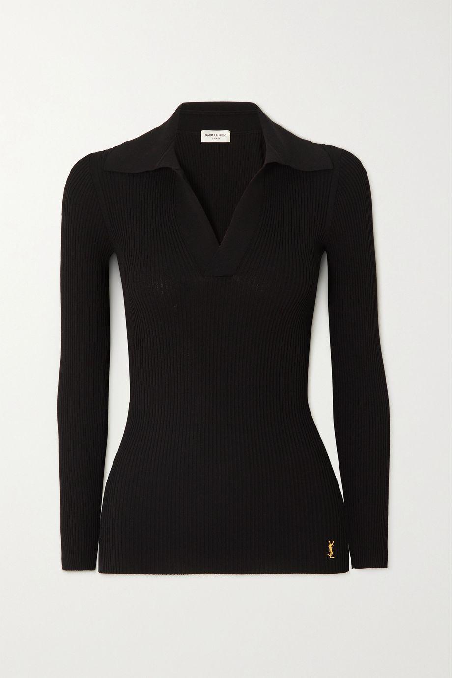 Embellished ribbed-knit polo sweater by SAINT LAURENT