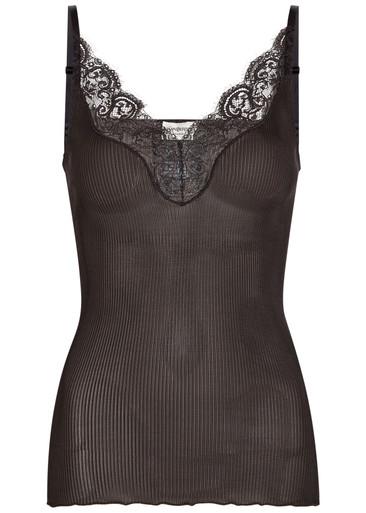 Lace-trim ribbed silk tank top by SAINT LAURENT