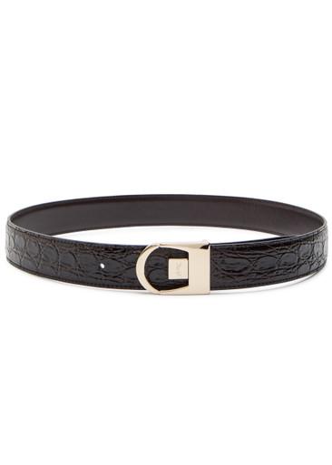 Logo-engraved crocodile glossed leather belt by SAINT LAURENT