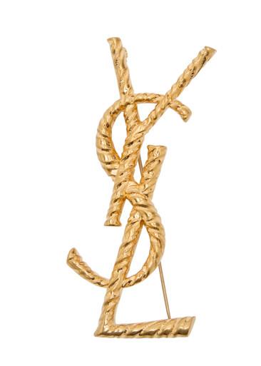 Logo sculpted metal brooch by SAINT LAURENT