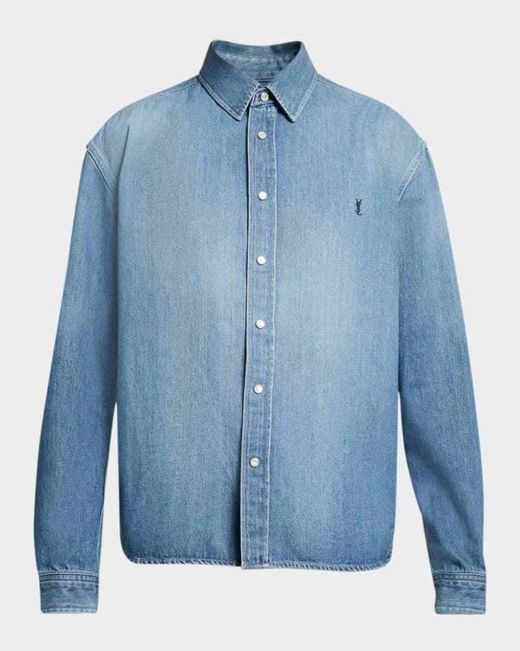 Men's Colorado Embroidered Cassandre Snap-Front Denim Shirt by SAINT LAURENT