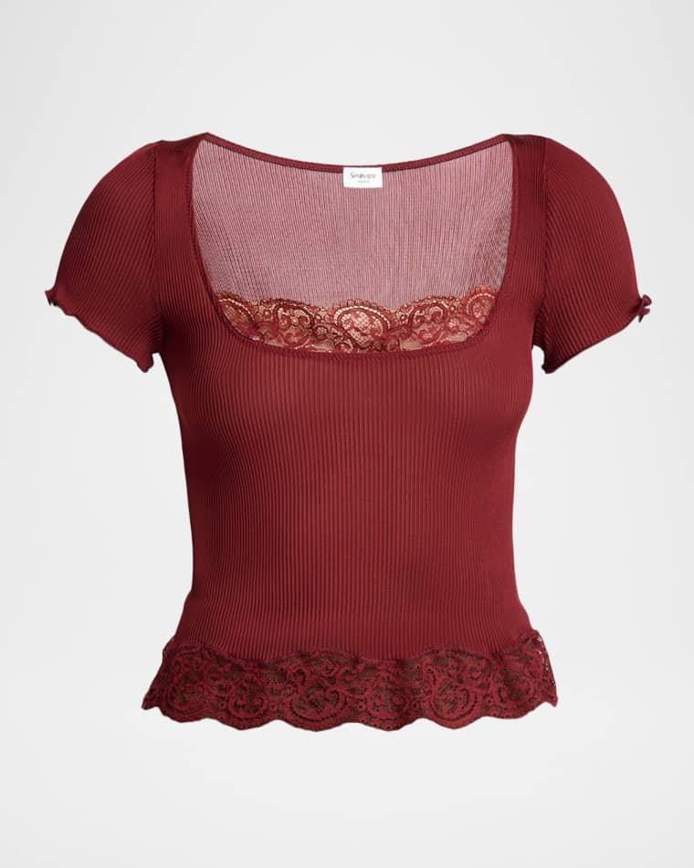 Ribbed Silk Jersey Square-Neck Top with Lace-Trim by SAINT LAURENT