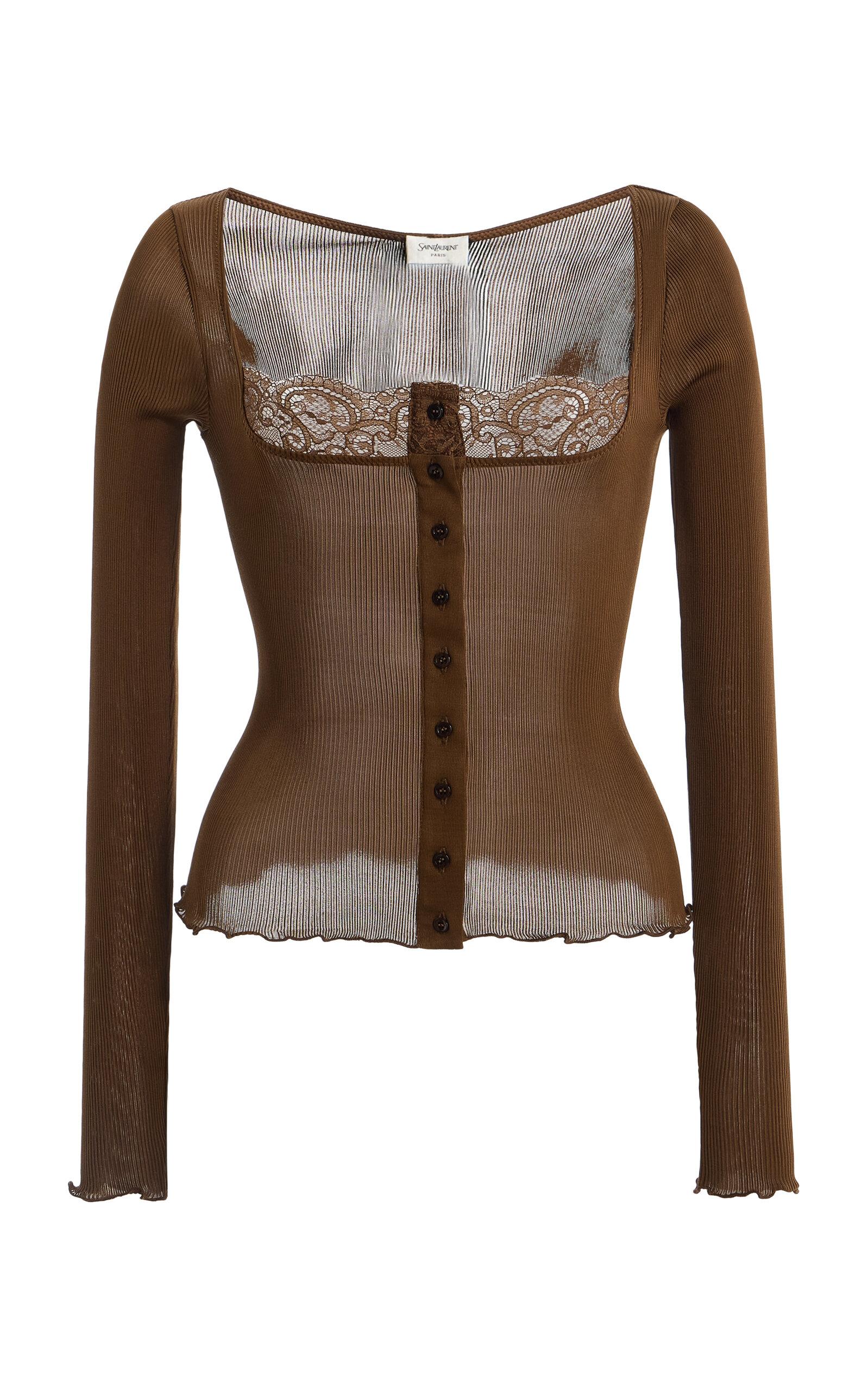 Saintaurentace-Trimmed Ribbed Silk Jersey Top - Moda Operandi by SAINT LAURENT