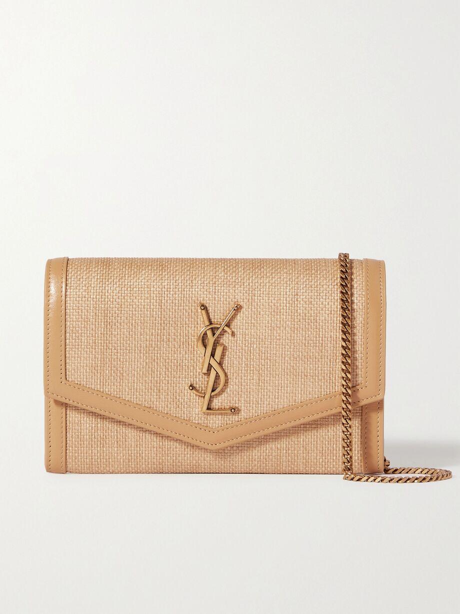 Uptown leather-trimmed raffia shoulder bag by SAINT LAURENT