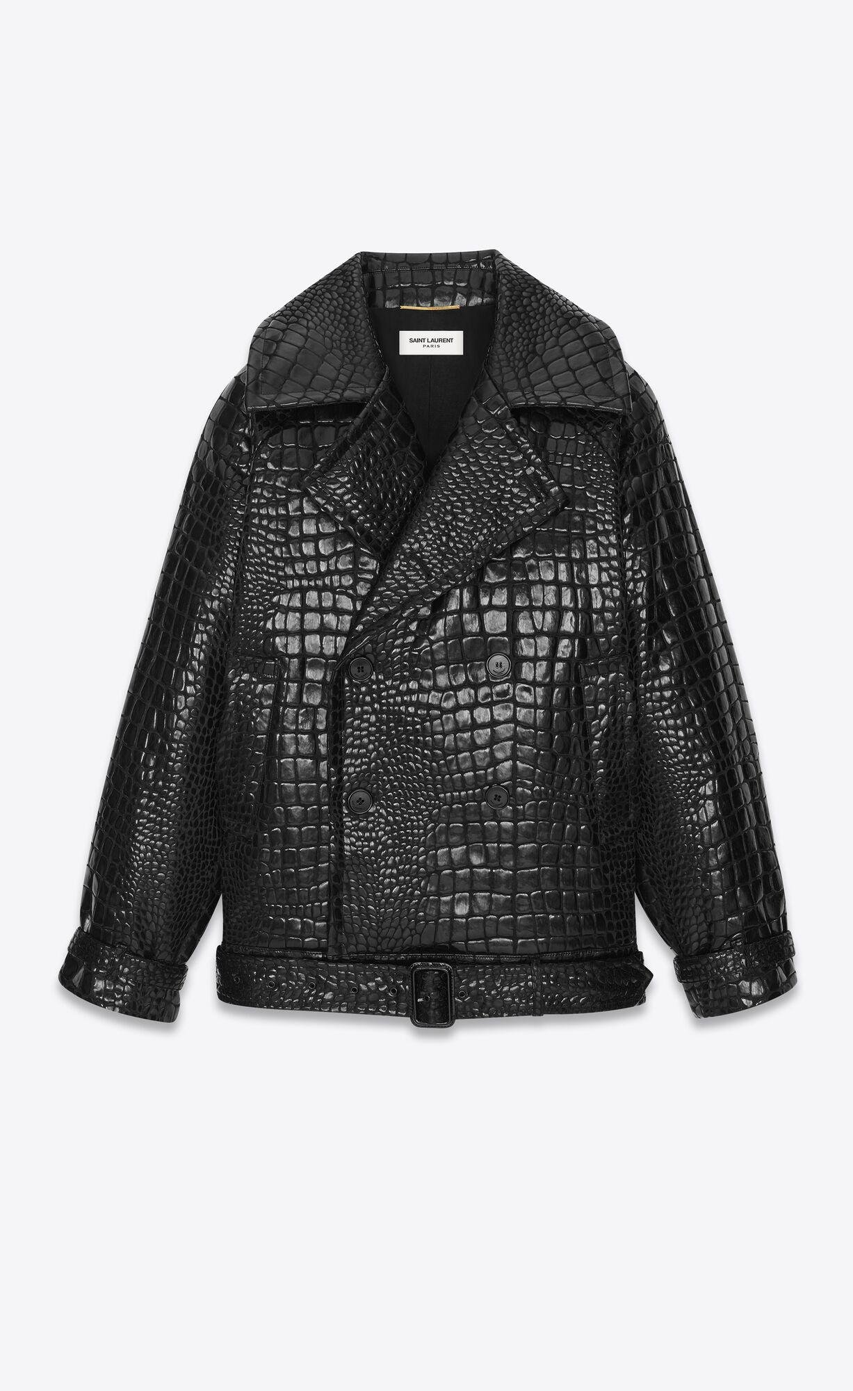 short trench coat in crocodile-embossed lacquered viscose by SAINT LAURENT
