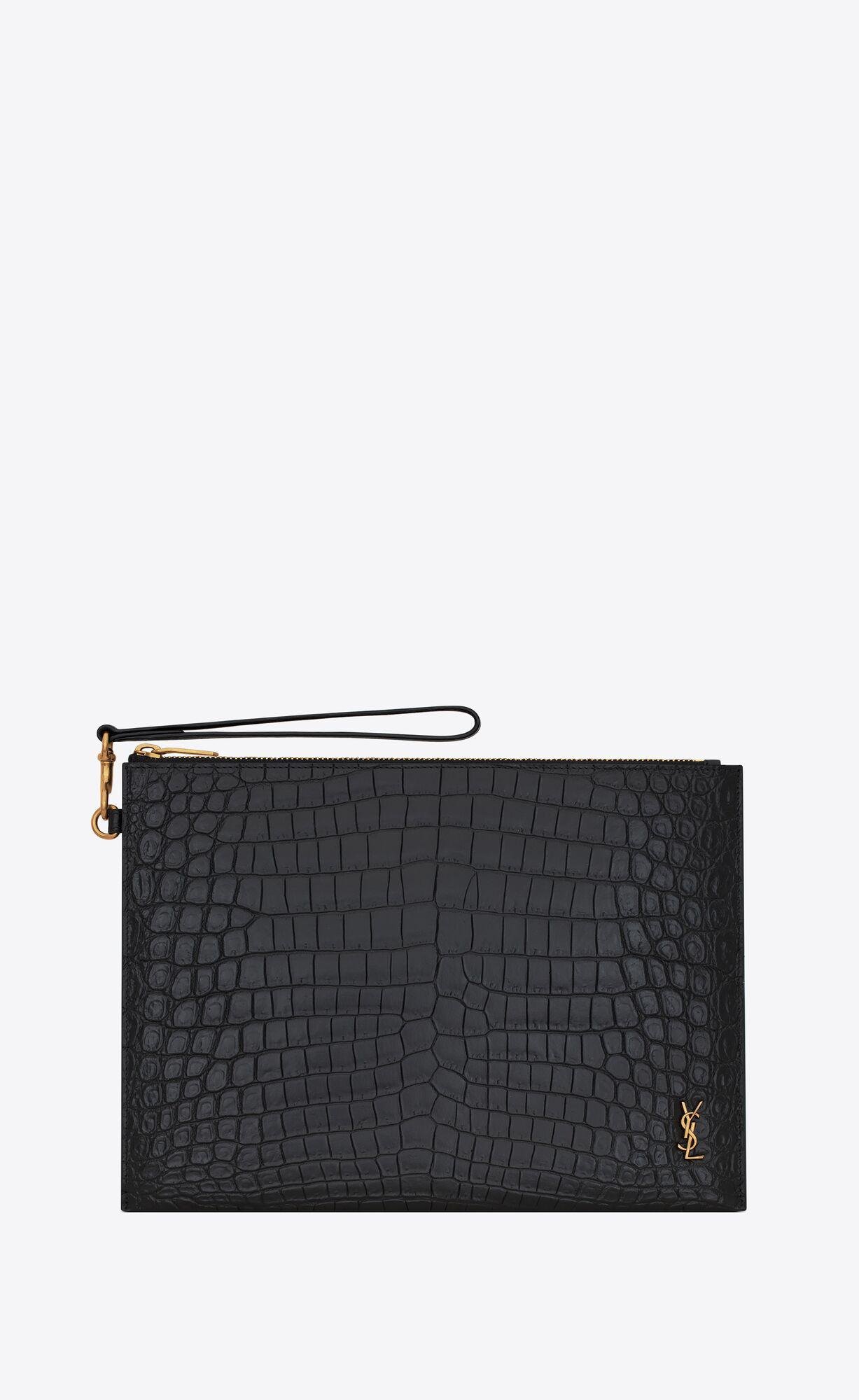 tiny cassandre zip tablet holder in crocodile-embossed leather by SAINT LAURENT