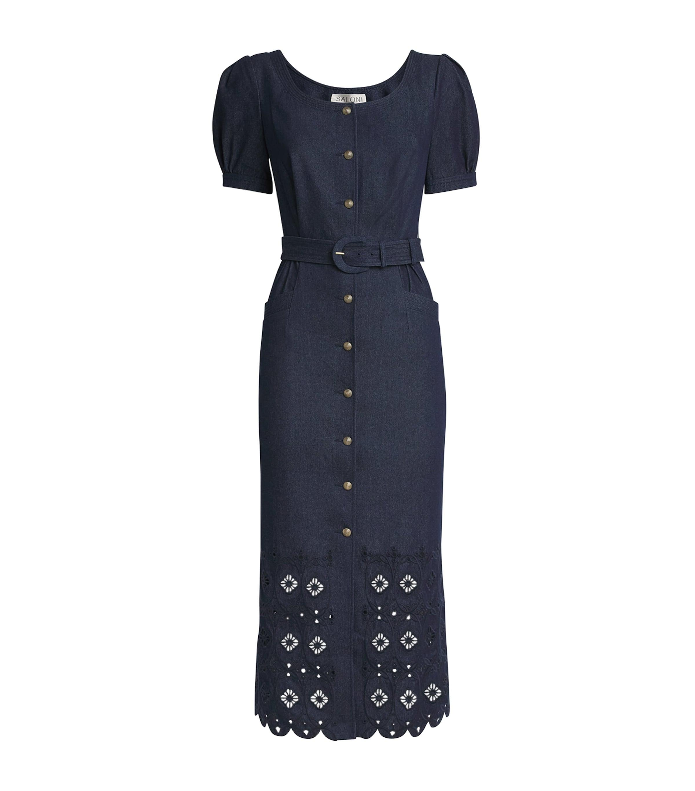 Denim Embroidered Blanca Midi Dress by SALONI