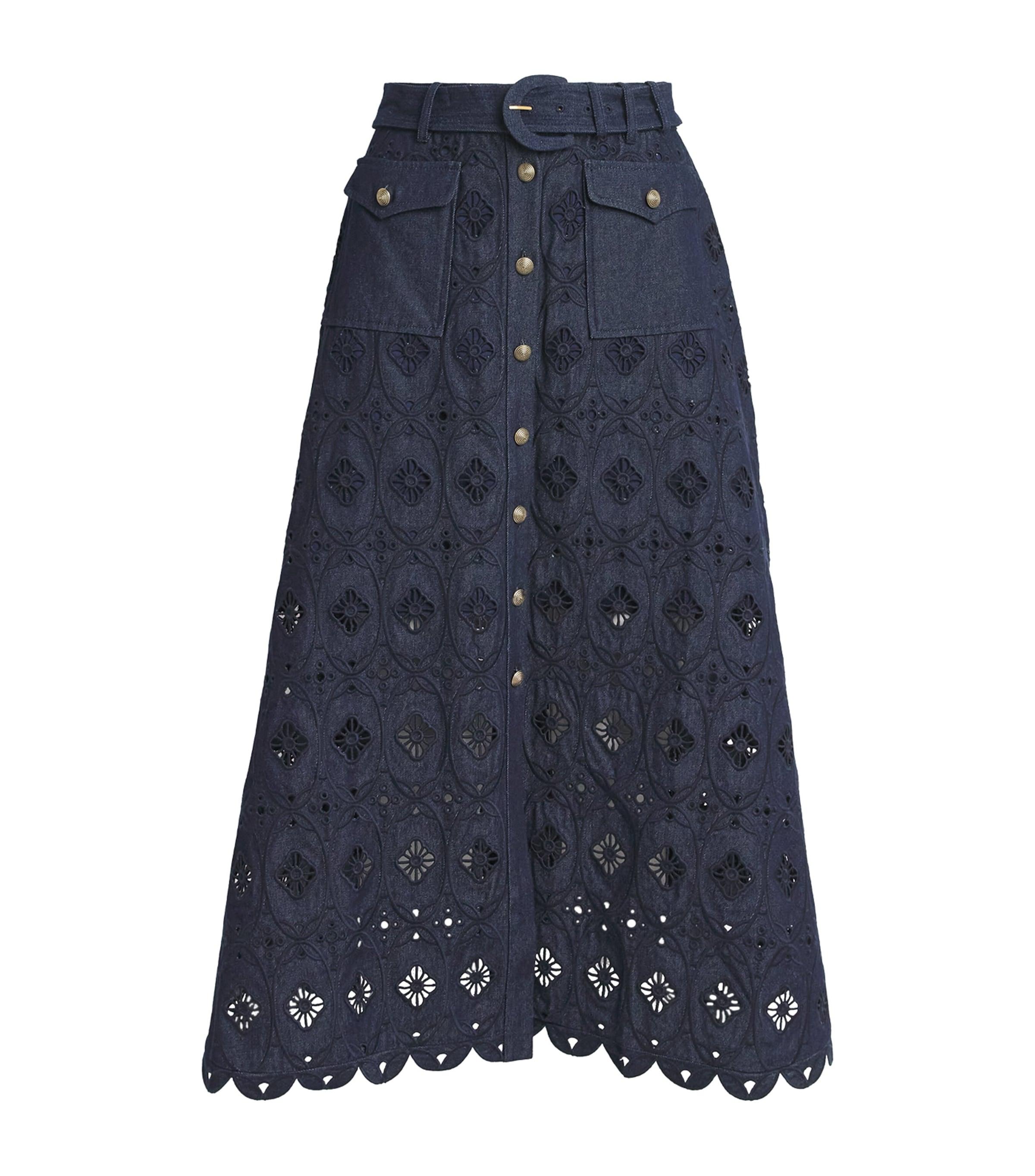 Denim Embroidered Kali Midi Skirt by SALONI