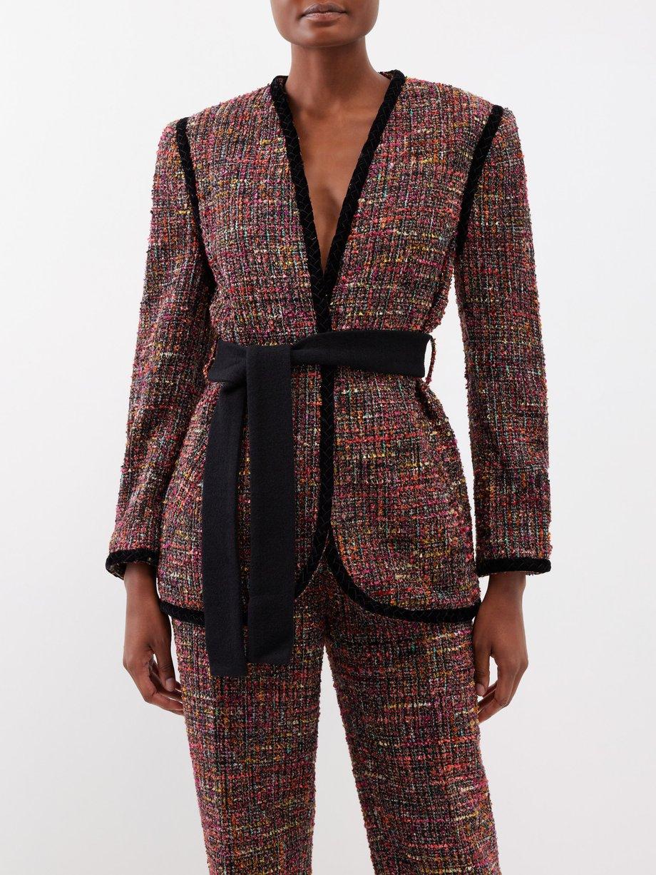 Haru velvet-trim tweed belted jacket by SALONI