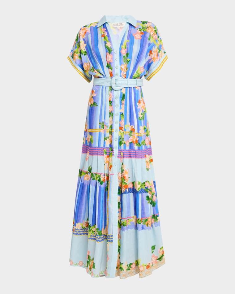 Riya-B Belted Floral Linen Maxi Shirt Dress by SALONI