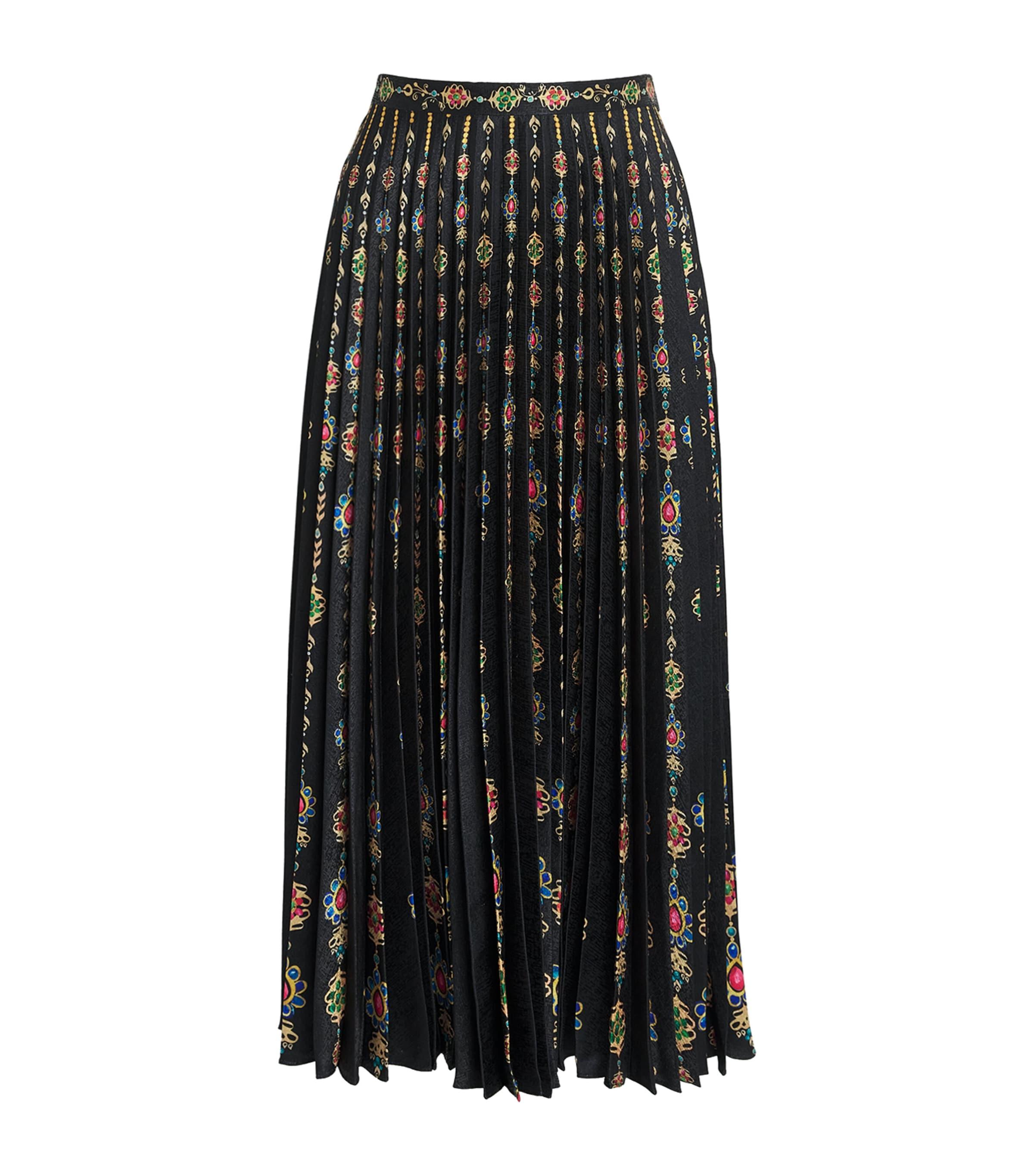 Saloni Satin Pendant Stripe Print Pleated Midi Skirt by SALONI