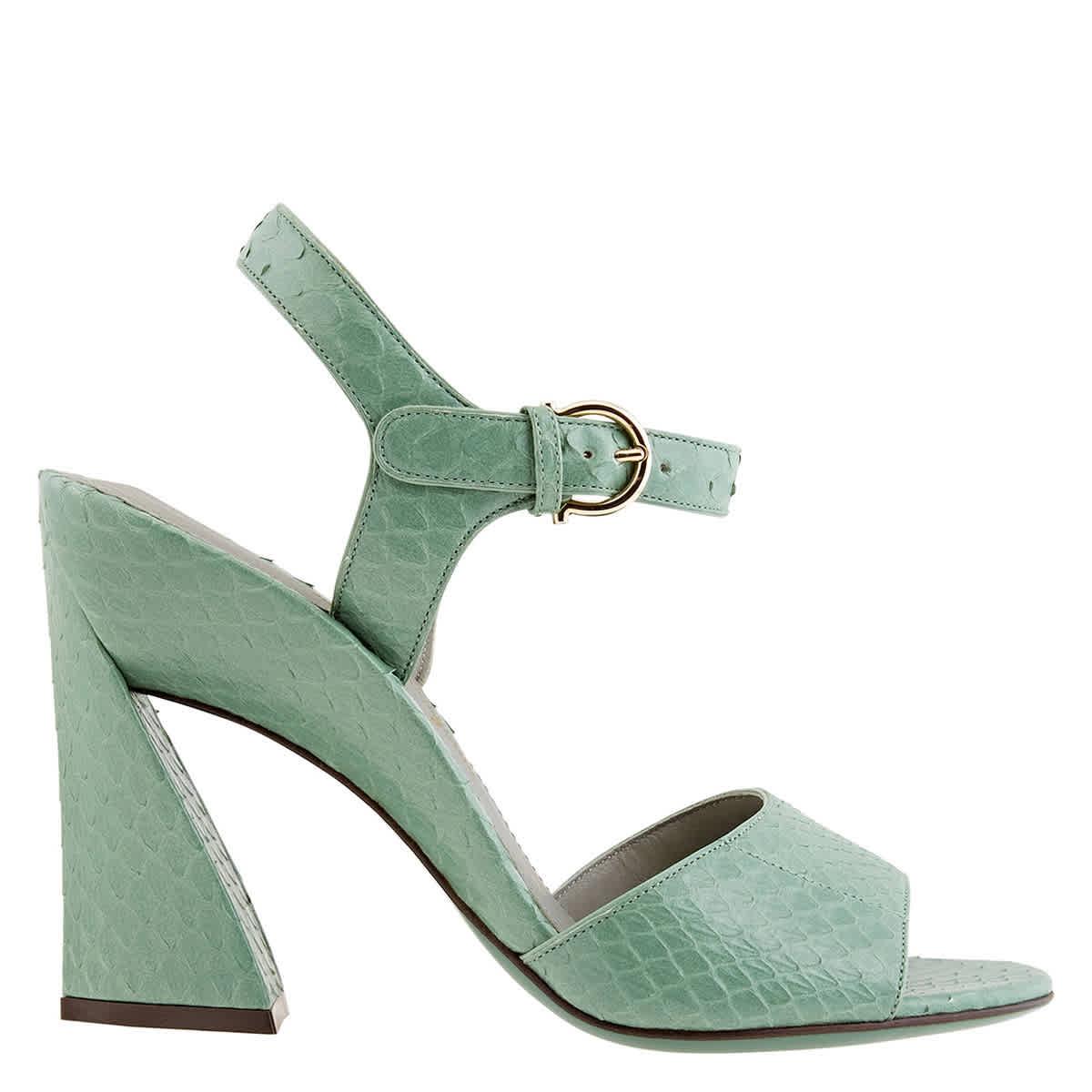 Salvatore Ferragamo Ladies Sculpted Heel Leather Sandals In Green by SALVATORE FERRAGAMO