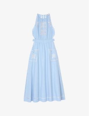 Broderie-anglaise fitted-waist linen-blend midi dress by SANDRO PARIS