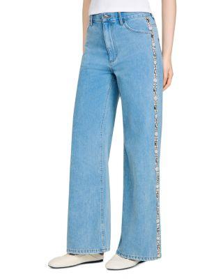 Calix Rhinestone Trim High Rise Wide Leg Jeans in Blue Jean by SANDRO PARIS Calix Rhinestone Trim High Rise Wide Leg Jeans in Blue Jean by SANDRO PARIS