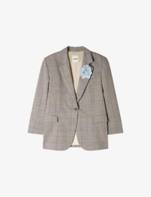 Checked Flower-Brooch Wool-Blend Jacket by SANDRO PARIS