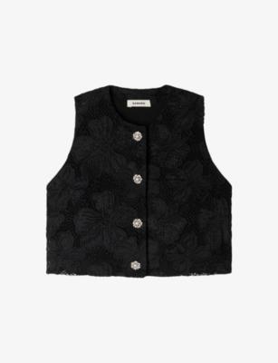 Cropped Flower-Embroidered Woven Top by SANDRO PARIS