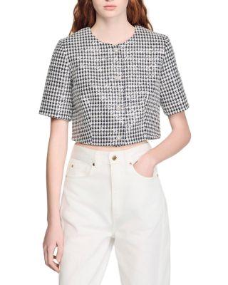 Cropped Houndstooth Tweed Jacket by SANDRO PARIS