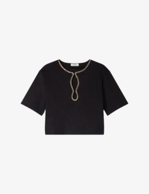 Cropped Rhinestone-Embellished Cotton-Blend T-Shirt by SANDRO PARIS