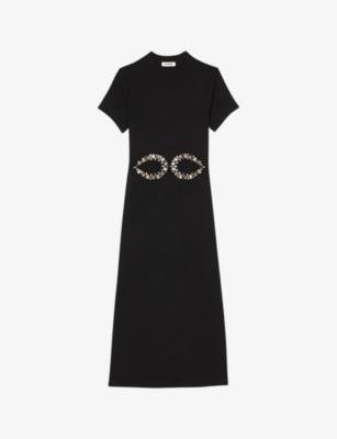 Crystal-embellished cut-out stretch-cotton midi dress by SANDRO PARIS