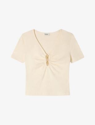 Jewel-Embellished Cropped Stretch-Cotton T-Shirt by SANDRO PARIS