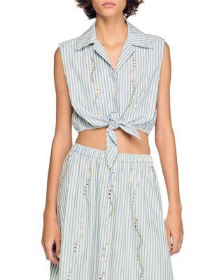 Lucio Cropped Striped Rhinestone Trim Shirt by SANDRO PARIS