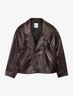 Oversized-collar relaxed-fit leather jacket by SANDRO PARIS