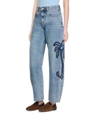 Palm Embroidered Wide Leg Barrel Jeans in Blue Jean by SANDRO PARIS