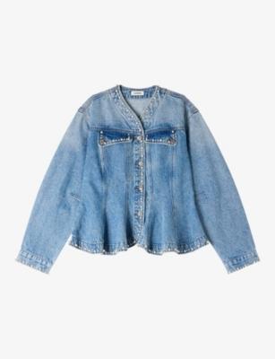 Peplum-Hem Beaded-Trim Denim Jacket by SANDRO PARIS Peplum-Hem Beaded-Trim Denim Jacket by SANDRO PARIS