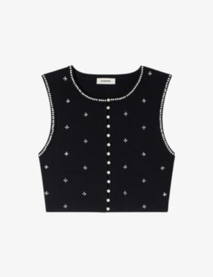 Rhinestone-Embellished Cropped Knitted Top by SANDRO PARIS