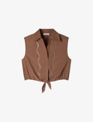 Rhinestone-Embellished Tie-Waist Cotton Shirt by SANDRO PARIS