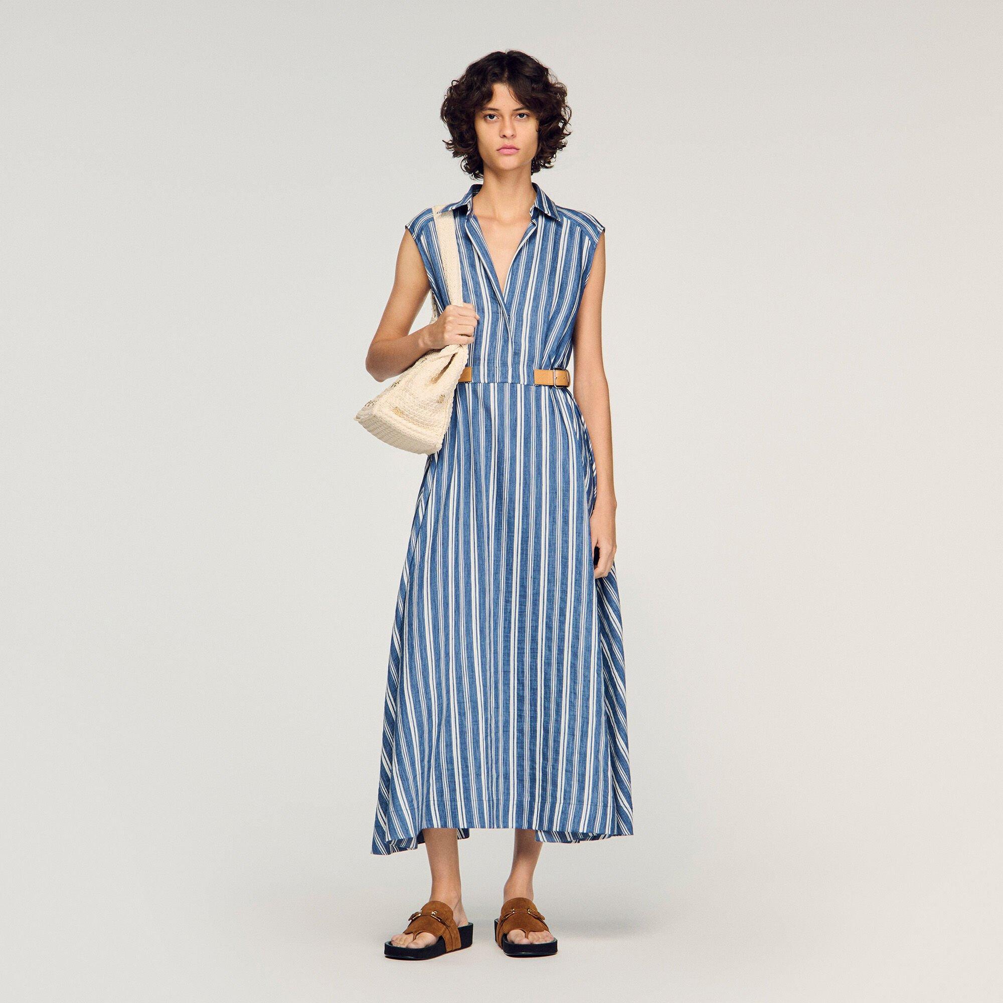 Striped maxi dress with leather tab by SANDRO PARIS